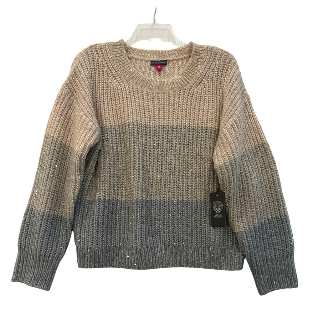 Vince Camuto Cozy Season Sequin Colorblock Crewneck Sweater Serenity Women's M
